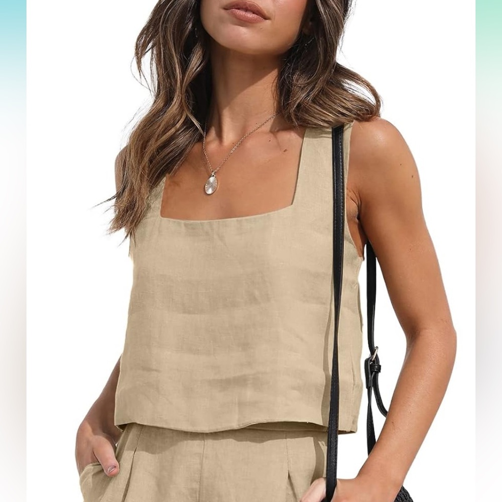 AUTOMET Womens Square Neck Khaki Linen Blend Top NWT